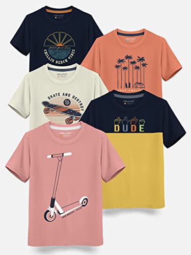 Image of HELLCAT Boys Round Neck Printed Blended Cotton Tshirt -Combo Pack of 2 - Orange /Blue