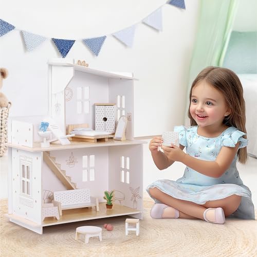 Navaris Holz Puppenhaus ab 3 Jahre - Robustes und Stabiles Design - 2 Etagen und Treppe - Dollhouse...