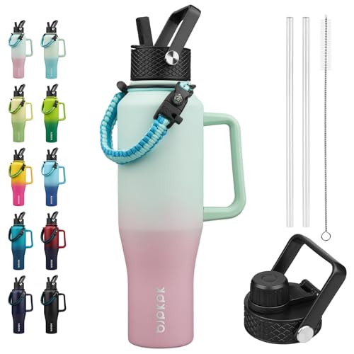 BJPKPK Insulated Water Bottles with Straw Lid, 40oz Metal Water Bottle with 2 lids & Paracord Strap, Double Wall Stainless Steel Tumbler with Handle, Reusable Cups, Mugs, Thermo, Marshmallow