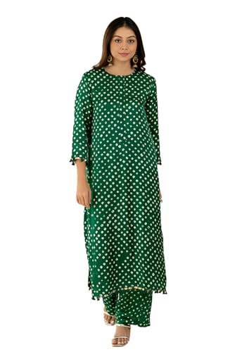 Image of LookMark Women Cotton Blend Bandhej Printed Bandhani Kurta Palazzo Set With Sequence Lace