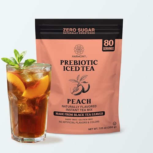 Image of Harmony Peach Prebiotic Black Iced Tea, 7.05 oz Bag, 80 Servings | Real black tea, Ripe peach flavor, 80 servings per bag, Prebiotic plant fiber, 25 calories, Zero sugar, Gluten free