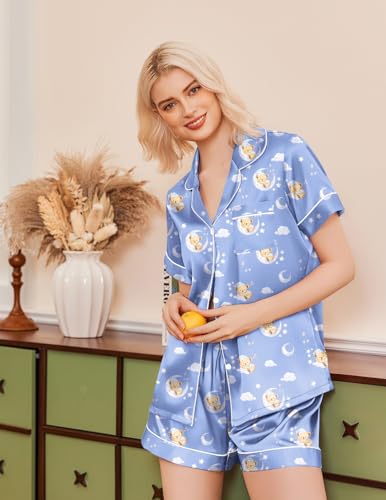 Image of Ekouaer Silk Pajamas for Women Funny Teddy Sleepwear Comfy Short Sleeve Button Down Loungewear Satin Pjs Shorts Set,Blue,M