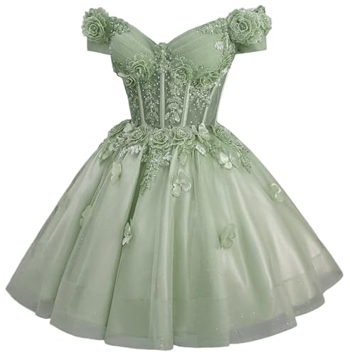Image of Zhangyo Sparkly Tulle Homecoming Dresses for Teens Off Shoulder DAMA Dress | Sparkly Tulle Homecoming Dresses, for Teens, Off Shoulder DAMA Dresses for Quinceanera, 3D Butterfly Short Ball Gown