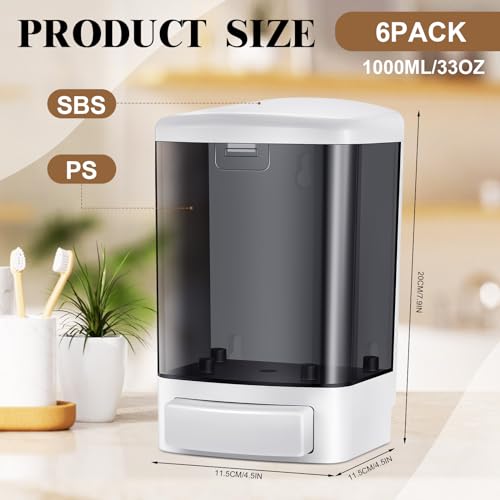 Image of Hushee 6 Pcs Plastic Wall Mounted Soap Dispenser Commercial Manual Soap Dispenser Containers for Kitchen Shower Hotel(Black,33.8 oz 1000 ml)