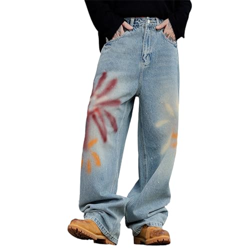 Baggy Jeans Men Y2k Emo Graphic Denim Barrel Pants Men Washed Low Waisted Graffiti Wide Leg Streetwear for Skater Jeans