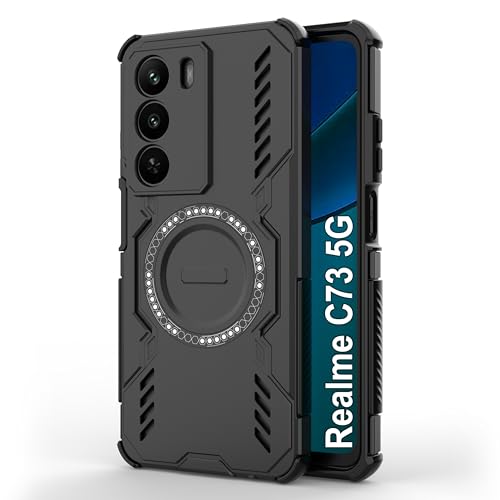 Image of amazon basics Back Case Cover for Realme C73 5G | MagSafe Case with Built-in Metal Ring | Supports MagSafe Charger, Wallet & Car Mount | Shockproof Hybrid PC + TPU | Black