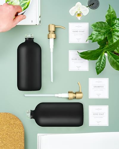 Vine Creations Black Glass Soap Dispenser, 2 Pack Kitchen Soap Dispenser Set with Stainless Steel Pump, 16 oz Dish Soap and Hand Soap Dispensers for Bathroom with Waterproof Labels - Thumbnail 6