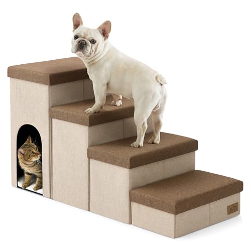 Image of Dog Stairs with Storage, 4-Step Wider Sturdy Dog Steps for Small /Medium /Large Dogs and Older Cats, Doggie Ramp with Condo for Bed /Couch /Car Hold Up to 180 lbs (22.6 inch H, Brown)