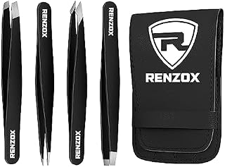 Renzox 4pcs Tweezers for Facial Hair Women & Men Hair Removal Eyebrow Tweezers Professional Stainless Steel Black Color Coated tweezer Set Slanted & Pointed Tip for ingrown Hair with Leather Pouch
