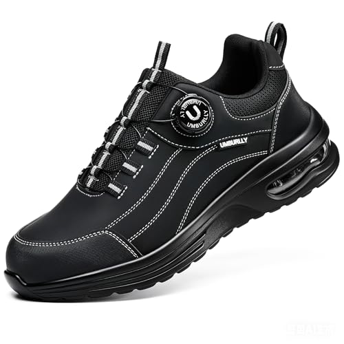 Image of Hogent Steel Toe Shoes for Men & Women, Anti-Smashing Puncture Resistant Lightweight Comfortable Cushioned Work Shoes, All-Day Wear Construction Safety Sneakers Black