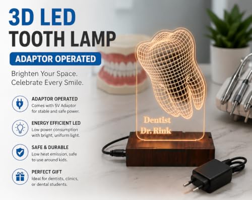 Image of PRINTKART Doctors Name and Designation Personalised LED 3D Illusion Lamp Gift for Doctor Laser Cut Acrylic Transparent Material 6 x 4 Inches, Dentist Tooth with Wooden Base