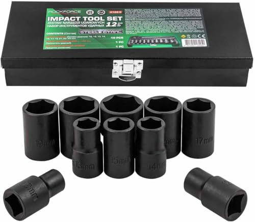 Image of ROCKFORCE 12-Piece Impact Socket Set with Ratchet Handle & Extension Bar | 1 /2 Inch Drive Heavy Duty CR-MO Socket Tool Kit