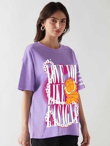 Image of Bewakoof X Garfield Garfield Women's 100% Cotton Graphic Print Oversized Fit Half Sleeve V-Neck T-Shirt | Casual wear | Streetwear | Oversized Tshirt for Woman Cotton| Baggy