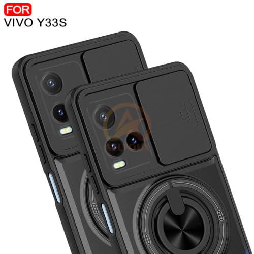 Image of Vivo Y33S Back Cover | Armor Camera Slider 360 Degree Rotating Finger Ring Holder Case with Bracket Stand Back Case Cover (Compatible with MagSafe Accessories) (Black)
