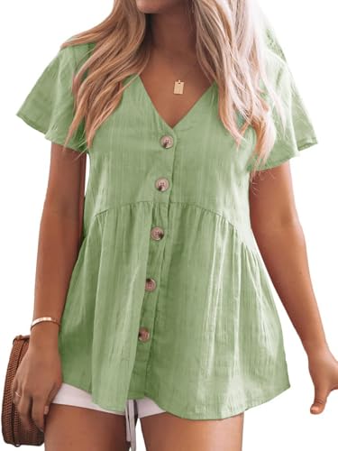 JayGate Womens Short Sleeve Button Down Shirt V Neck Blouse Casual Loose Ruffle Hem Babydoll Peplum Tops Light Green