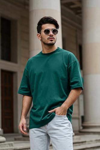 Image of Veirdo Oversized Baggy Fit Drop Shoulder Half Sleeves Round Neck Solid Pure 100% Cotton T-Shirt for Men (Available in White, Black, Mustard, Maroon, Green, Lilac, Navy, Red Color)