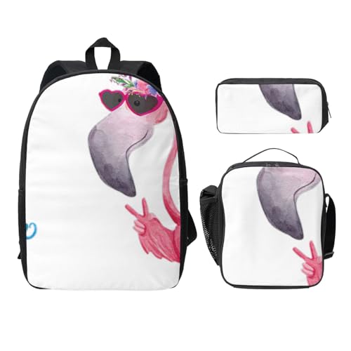Sac à dos d'école flamant rose noir idéal pour le déjeuner et les cours au collège