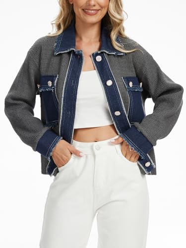 Womens Patchwork Denim Cardigan Sweater 2025 Fall Winter Button Down Long Sleeve Chunky Knit Cardigan with Pockets3