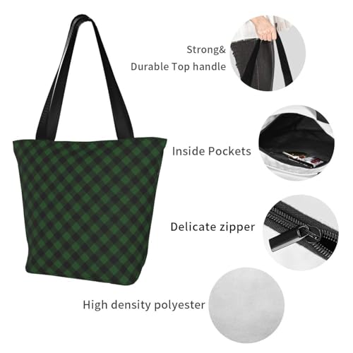 Rustic Green And Black Buffalo Plaid Reusable Zippered Shoulder Bag, Stylish Polyester Tote With Wide Handle & Inner Pocket, Lightweight Durable Shopping & Travel Bag3