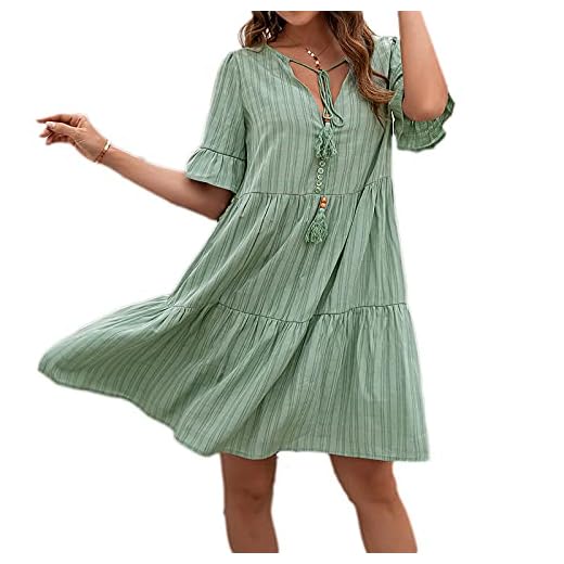 Unbekannt Mädchen-Kleid, Sommerkleid, Lange Sommerkleid, Damen-Kleid, kurzes Strandkleid, ärmellos, Sommerkleid, Sommerkleid, langes Kleid, Mehrfarbig Large 4 Beaufident Sommerkleider V-Ausschnitt Damen Kleider Kurzarm Loose Rüschen Freizeitkleider Einfarbig Strandkleider Minikleider Elegant A-Linie T-Shirtkleider Schwangeres Kleid Casual,Grün,M