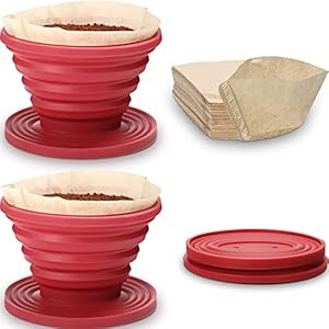 2 Pieces Collapsible Coffee Dripper Easy Red Manual Coffee Brew Maker with 80 Pieces Unbleached Paper Filters Paper Coffee Filter Reusable Silicone Coffee Dripper for Hiking, Camping, Home, Office