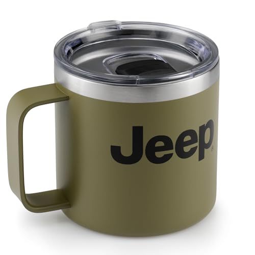 Jeep Stainless Steel Camper Mug 14oz with FREE Sticker Pack - Double Wall Copper Insulated for Hot & Cold Drinks, Powder Coated, Splash Resistant Lid (Green)