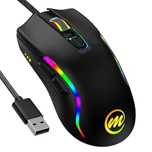 Mouse Gaming Cablato con Luci LED – 6 Pulsanti, 6 Livelli DPI Regolabili, Cavo USB Rinforzato da 1,7m, Ruota Antiscivolo in Gomma, 12 Modalità di Illuminazione Compatibile con Windows e Mac