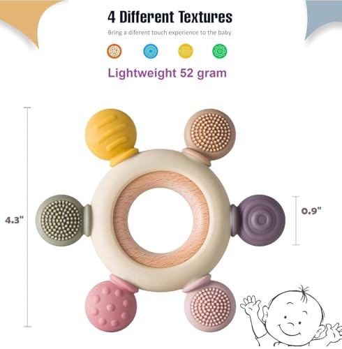 Image of Silicone & Wood Baby Teether - BPA-Free Teething Toy for 3+ Months Baby, Soothing Sensory Toy for Infants, Ideal Gift for Newborns Silicone Rudder with Wooden Ring Soothe Babies Gums