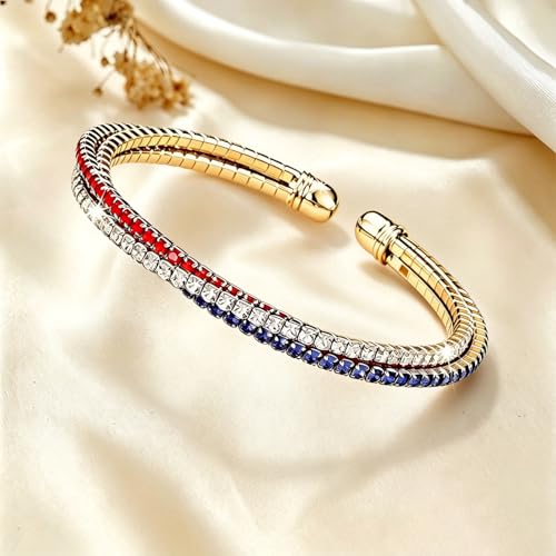 Image of Dreuyet American Flag Rhinestone Bracelet Red White Blue Crystal Patriotic 4th of July Shiny Decorations USA Independence Day Jewelry