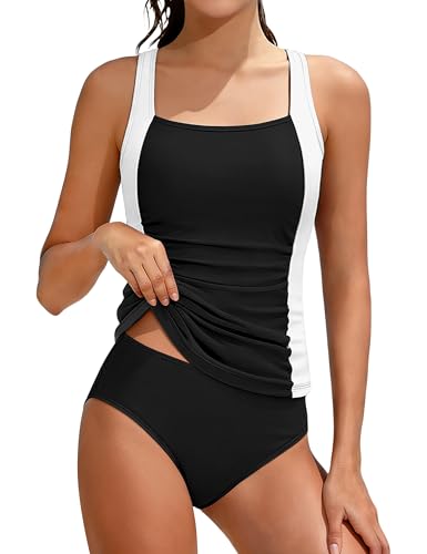 HOTOME Swim Suits for Girls 10-12 Years Old Solid Color Blocking Summer Two Piece Swimsuit for Kids Ruched Tankini Swimsuits for Teens Fabric Girl Swimsuit Size 10-12 Black and White