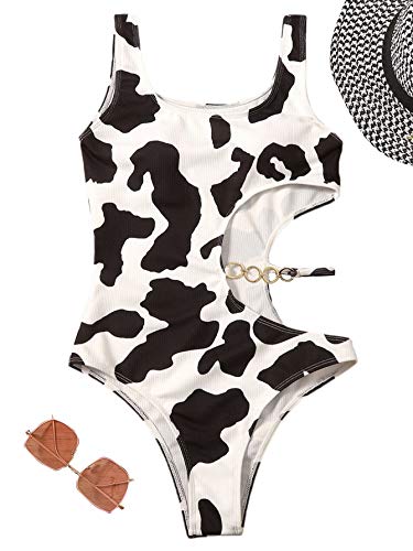 Wdirara Women's Cow Print Cut Out Rib Knit One Piece Swimsuit Ring Monokini Black And White L #TOP3