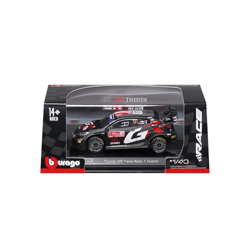 Bburago - Toyota GR Yaris Rally 1 Hybrid #17 Ogier avec vitrine d'exposition à l'échelle 1:43, Voiture de Rallye Diecast, réplique détaillée, Licence Officielle Toyota, 14+