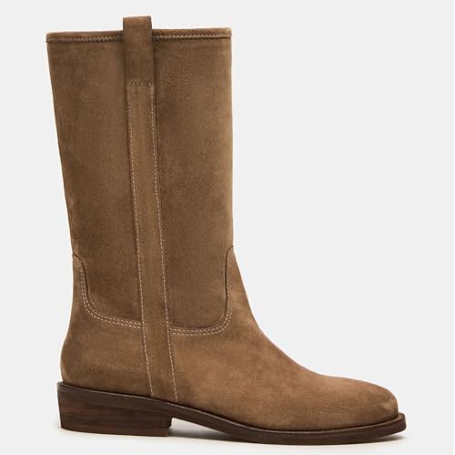 Mid Calf Boots Women Brown Suede Cowboy Boots Round Toe Low Chunky Heel Boot Wide Calf Causal Fashion Ladies Booties2