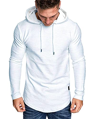 Mens Fashion Workout Hoodies Athletic Breathable Lightweight Sports Sweatshirt Solid Color Soft Pullover A-White #TOP3