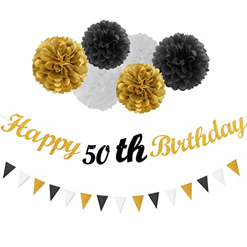Banderas de feliz cumpleaños 50 con pompones de tejido negro oro blanco Cover