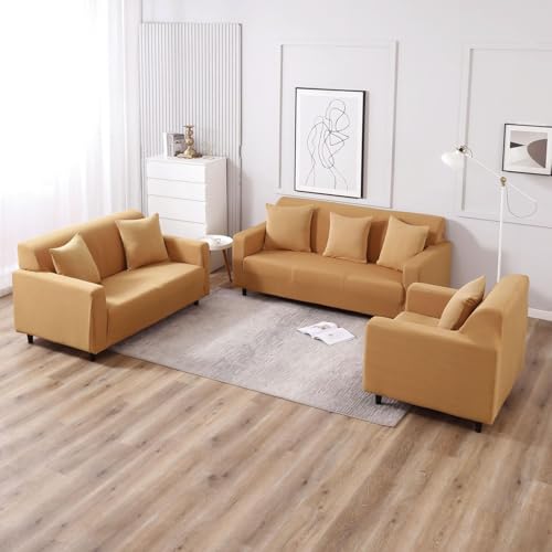 Image of HOKIPO Polyester Universal Stretchable 5 Seater (3+1+1) Sofa Cover Fully Covered, Sand Brown (NEW-4277-E5*2 + AR-4279-E5)
