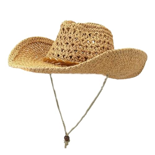 Mookblank Straw Cowboy Hat for Women Men, Western Cowgirl Sun Hat Summer Beach Hat with Chin Strap Adjustable for Outdoor Kaki