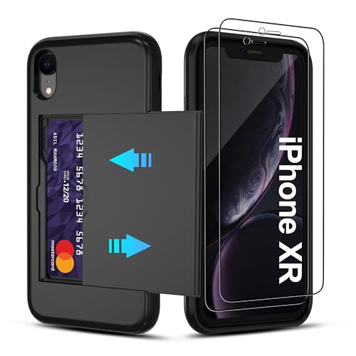 Pilaru for iPhone XR Case with Card Holder2 Pcs HD Screen Protector Slim Heavy Duty Dual Layer Shockproof DesignHidden Card Slot Wallet Case for Girls Women for i iphoneXR Cases -Black