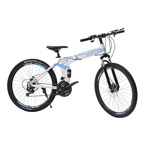 SABUIDDS 26 Zoll Mountainbike mit Vollfederung Fahrrad Klapprad 21-Gang -Schaltung Faltbares MTB Fahrrad mit Stoßdämpfende Scheibenbremse Fully MTB für Damen & Herren, Jungen, Mädchen, Weiß & Blau