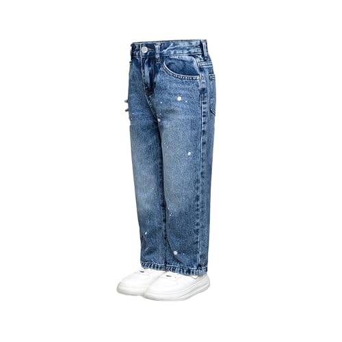 Baggy Jeans for Girls Rhinestone Ripped Wide Leg Pants Adjustable Waist Pockets Cute Jeans for Girls Kids Vintage 5-7Y3