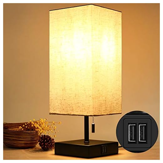 HOKEKI Bedside Table Lamp, with 2 Useful USB Ports, Black Charger Base with Beige Fabric Shade, Modern Desk Lamp for Bedroom, Living Room, Kid's Room, Dorm, Office