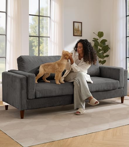Tbfit 85" Corduroy Couch for Living Room, 3 Seater Mid Century Modern Sofa with Spring Cusions & Extra Deep Seat for Bedroom, Small Comfy Upholstered Couches Easy Assembly with Solid Wood Legs, Grey