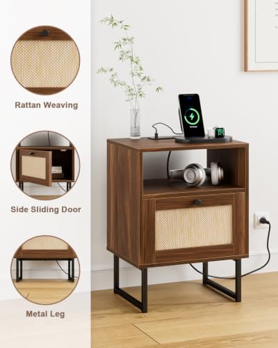 Image of Masupu Rattan Nightstand with Charging Station, Modern Boho Farmhouse Wood Bedside Table with Storage Drawer and Open Shelf, Side End Table for Bedroom, Office (Walnut)