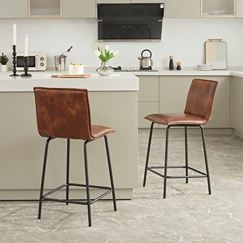 DUHOME 24” Faux Leather Counter Chair Set of 2, Armless Bar Stools with Metal Legs, Modern Counter Height Barstools for Kitchen Island,YellowishBrown