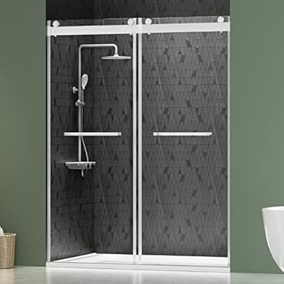 DELAVIN 56"-60" W x 75" H Frameless Shower Door, Double Sliding Shower Door, 5/16"(8mm) Clear Tempered Glass, Noiseless Shatterproof Glass Shower Doors with Square Rail, Stainless Steel, Aluminum