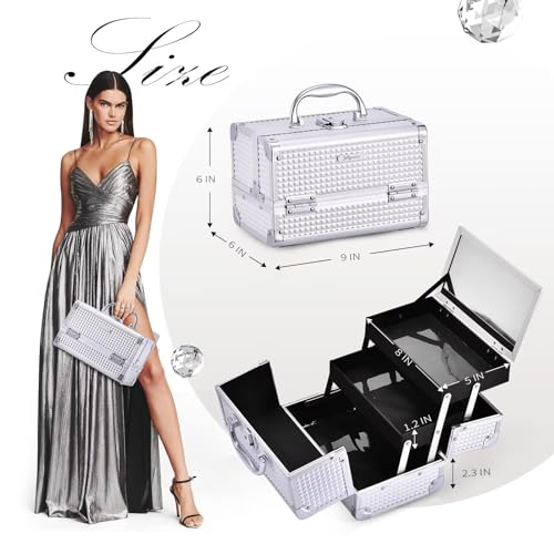Joligrace Makeup Box Cosmetic Train Case Jewelry Organizer Lockable with Keys and Mirror 2-Tier Tray Portable Carrying with Handle Travel Storage (Silver)