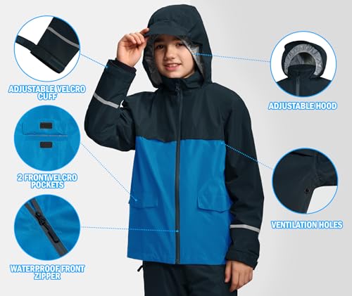 Image of Kids Rain Suit Jacket and Pants Set with Reflective Strips Adjustable Hood Flap Pocket for Boys Girls