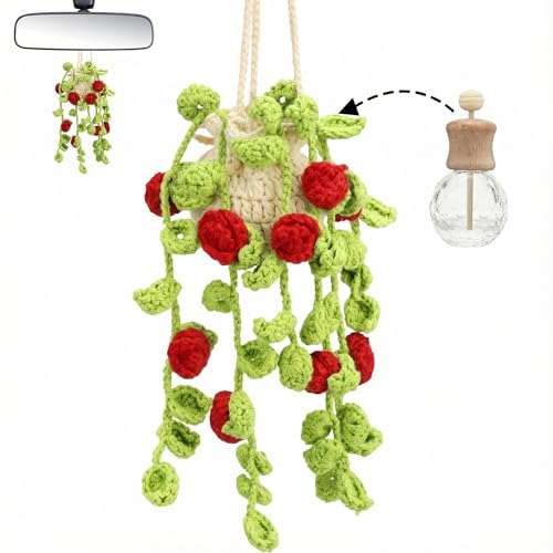 Image of Cute Air Freshener for Car, Crochet Car Accessories Air Freshener, Cute Rear View Mirror Accessories, Handmade Crochet Plant for Cars, Red Rose