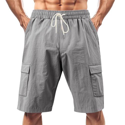 Image of Mens Linen Shorts Casual Drawstring Elastic Waist Cargo Vacation Lightweight Breathable Summer Beach Shorts for Men