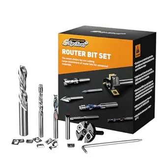 SpeTool 6PCS Carbide CNC Router Bits Set Includes Surfacing Bit ,V bit,Spiral Bit,Flush Trim Router Bit for Woodwroking Carving Trimming Flattening Multi-Purpose Bit